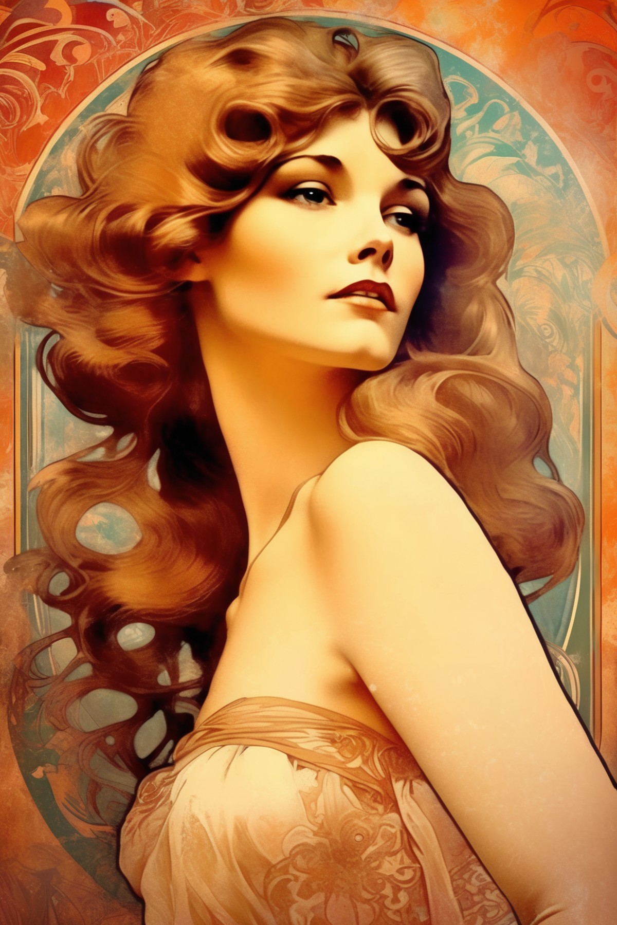 <lora:Alphonse Mucha Style:1>Alphonse Mucha Style - 1960's Hollywood girl's face on a poster in the early style of Alfons ...